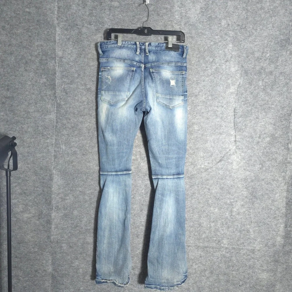 Smoke Rise Distressed Flare Jeans Men 30x36 Blue Streetwear Ripped Repaired Slim